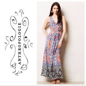 Anthropologie Maeve Womens A Line Dress Blue Coral Medallion Silk boho maxi midi